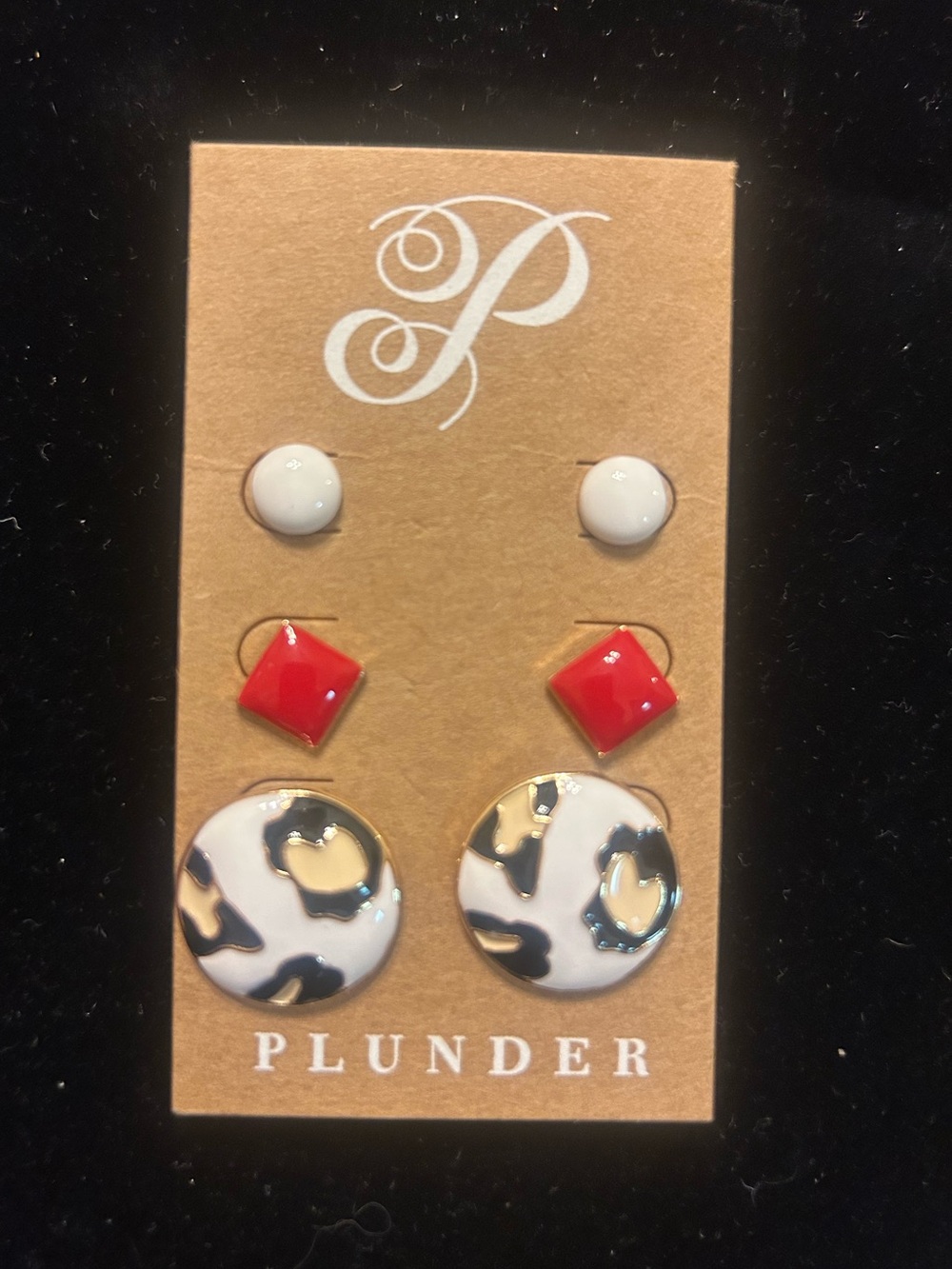 Plunder 3 Pair Stud Earrings White Red Leopard Print Gold Tone